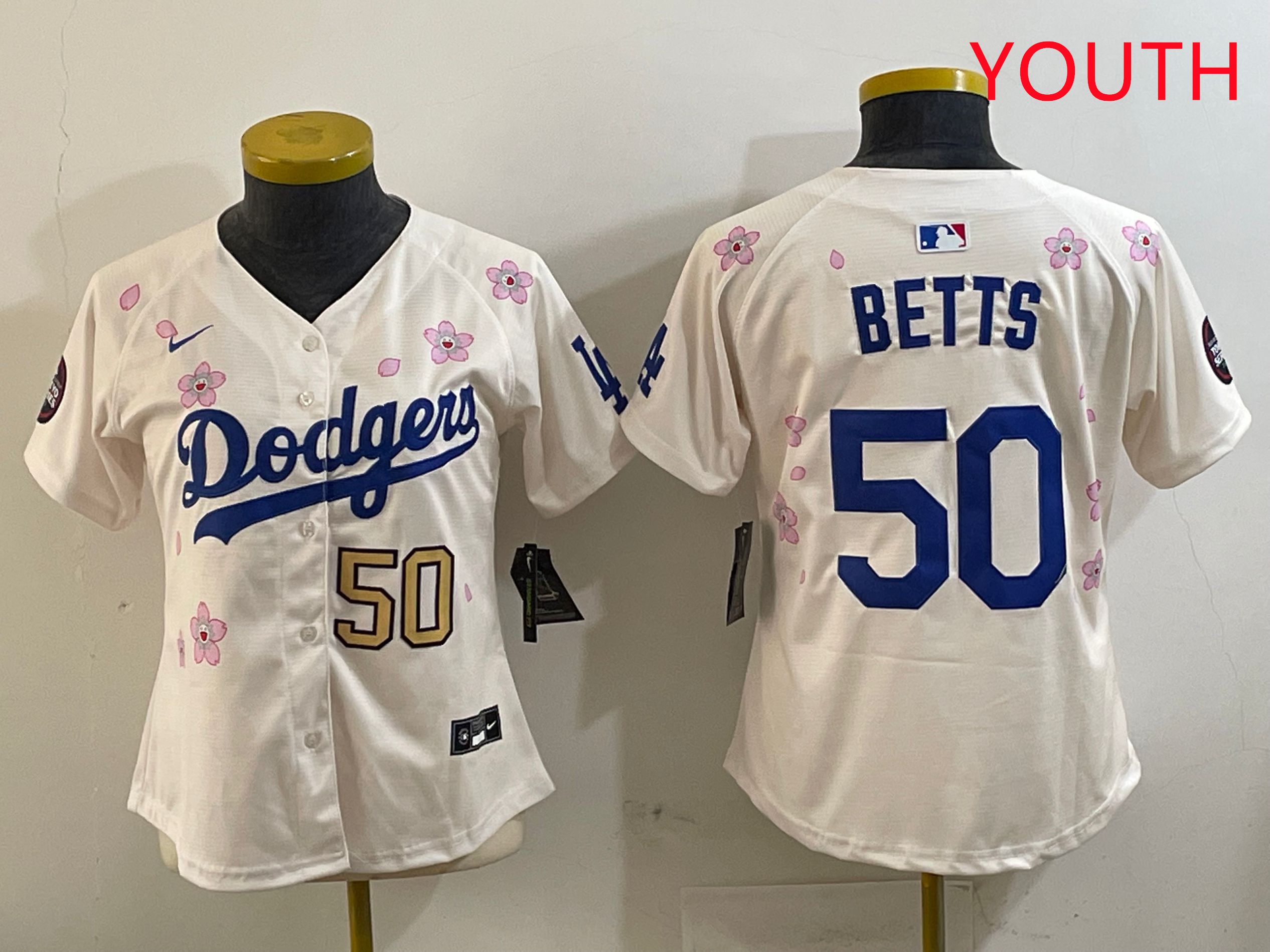 Youth Los Angeles Dodgers #50 Betts Cream Sakura Edition 2025 Nike MLB Jersey style 8